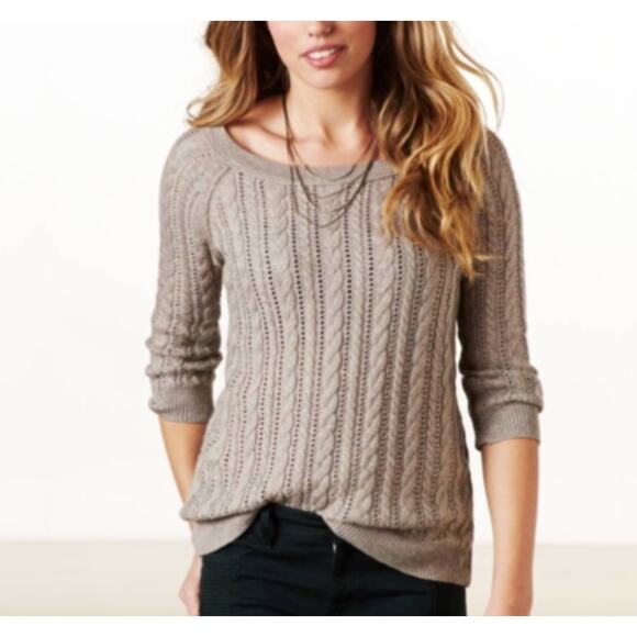 American Eagle Outfitters Sweaters - American Eagle Cable Knit Pointelle Gray Sweater Size L Pullover 3/4 Sleeve Cozy
